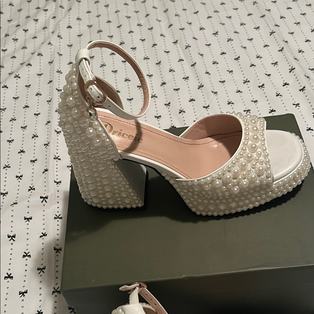 Pearl Embellished White Platform Sandals with Ankle Strap - Picture 6 of 8